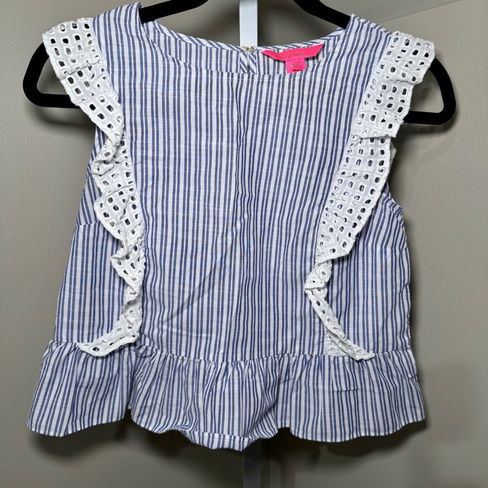 Lilly Pulitzer Ellis Blue White Striped Eyelet Ruffle Peplum Top XXS Cotton